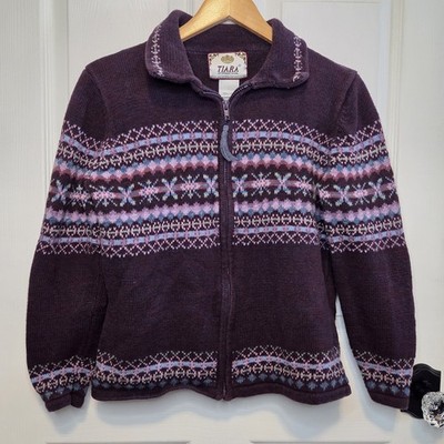 Vtg Tiara International Cardigan Sweater Purple S Fair Isle Nordic Zip Colorful 