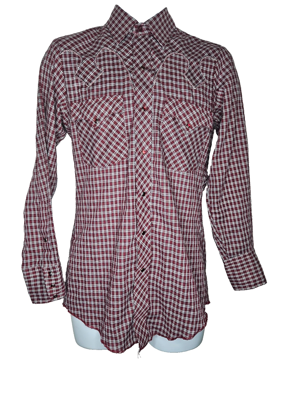 Vintage Karman Western Plaid Shirt Mens 14.5 32 Red Snap USA Cowboy Americana