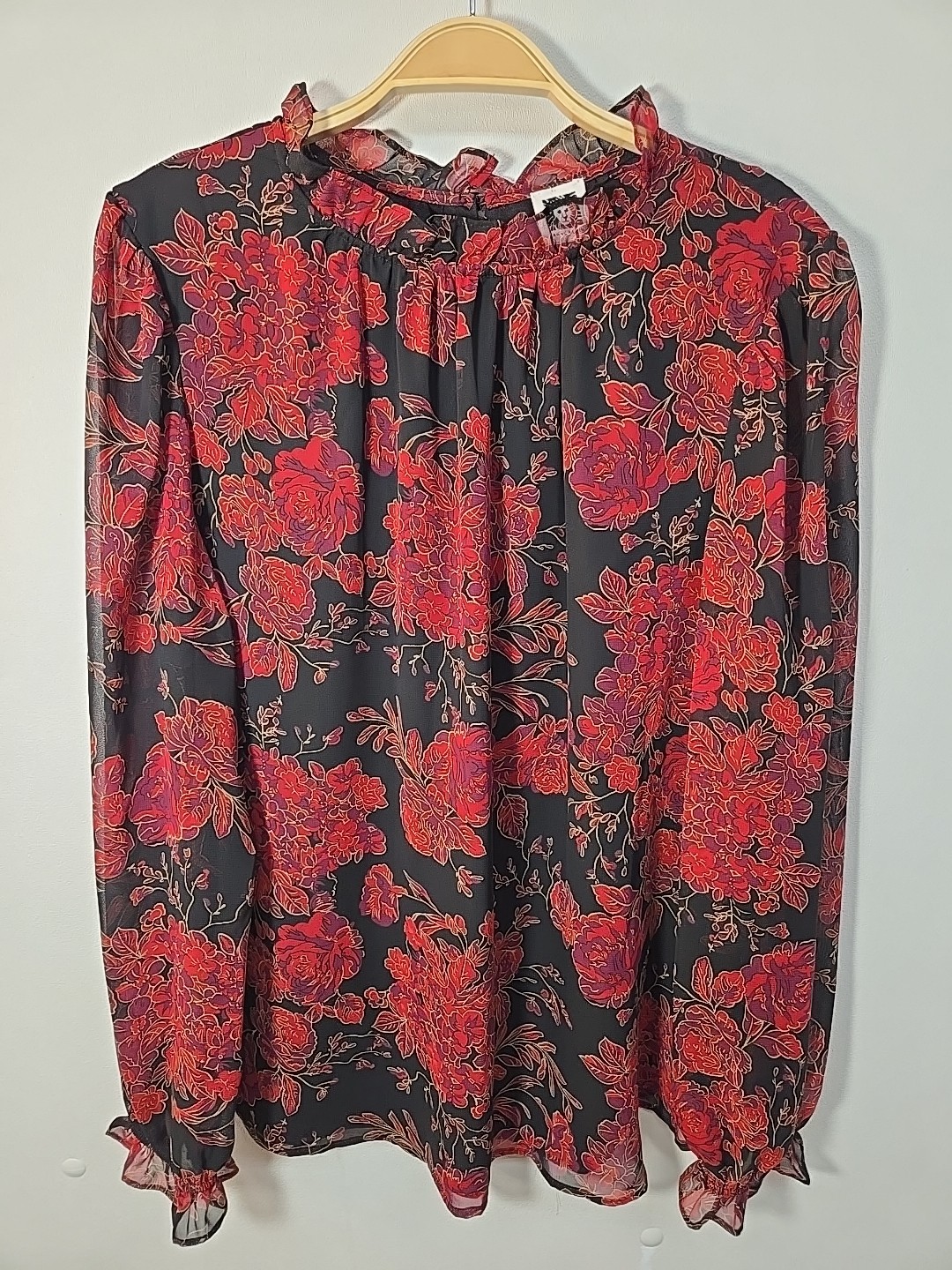 Anne Klein Ruffle Details Black Red Floral Blouse Size XL Lined Long Sleeve