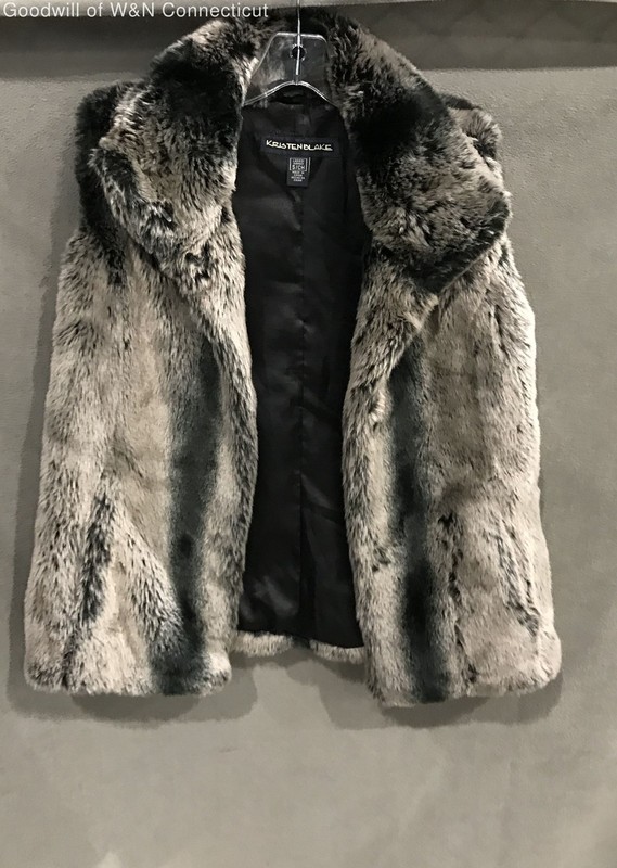Kristen Blake Women's Faux Fur Vest Black Grey Striped Open Front Sz S