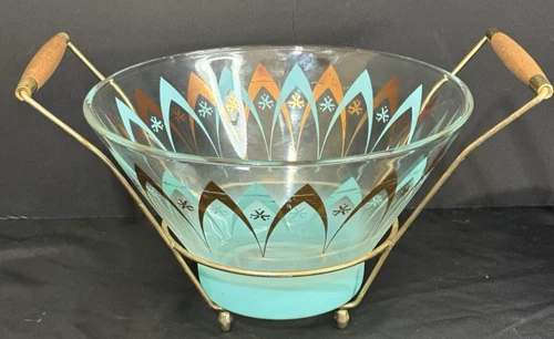 Vintage MCM Retro Anchor Hocking Blendo Atomic Chip Bowl With Wood/Brass Stand