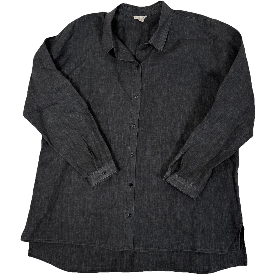 Eileen Fisher 亚麻经典领方格衬衫女式大号灰色黑色纽扣 — 第 2/4 张图片