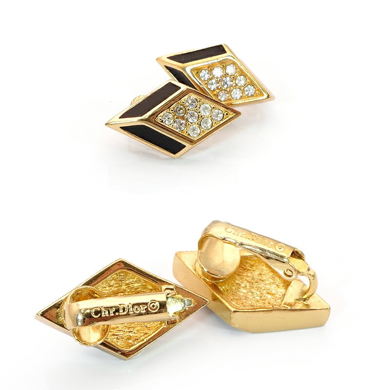 Christian Dior Diamond-Shaped GP Rhinestone Earrings for Both Ears