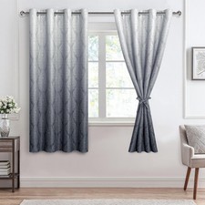 Short Ombre Blackout Curtains 63 Inch Length-Grey Damask Gradient Grommet Cur...