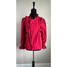 Women's Red Long Sleeve Toggle Button Asymmetric Stand Collar Ruffle Top Size M