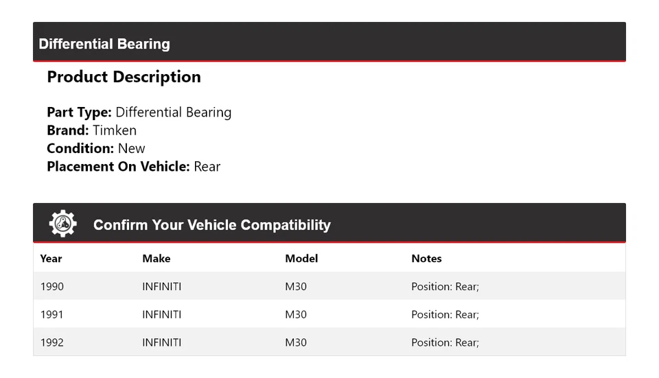 Cojinete diferencial trasero Timken 1991 para Infiniti M30 1990-1992 Foto 2 de 4