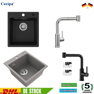 Granitspüle Küchenspüle Einbauspüle Spülbecken mit Siphon 40x45cm Küchenarmatur 