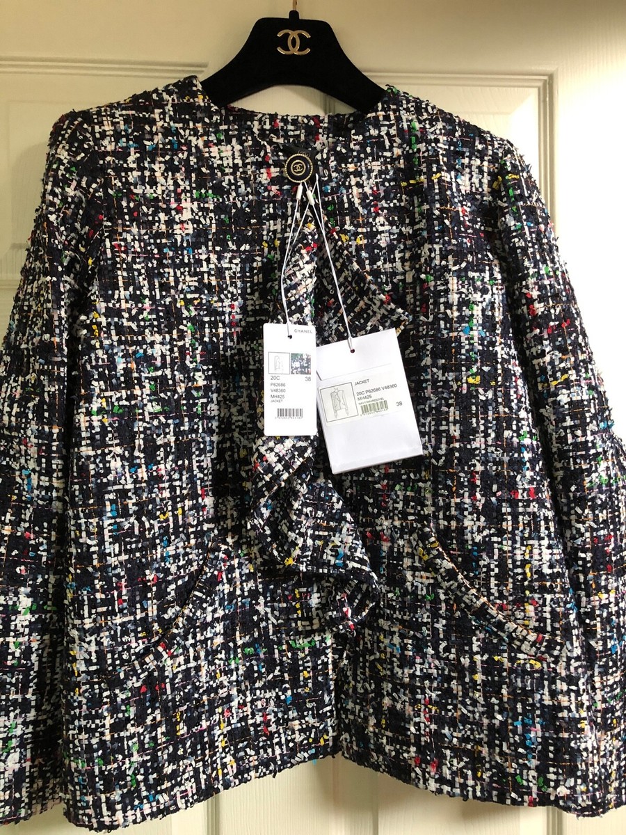 CHANEL 20S NEW TAGS TWEED RUFFLED BLUE Multicolor Jacket CC