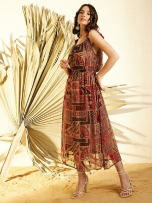 Designer Brown Ethnic Print Chiffon Maxi Dress for Women, Indo Western Dress  | eBay