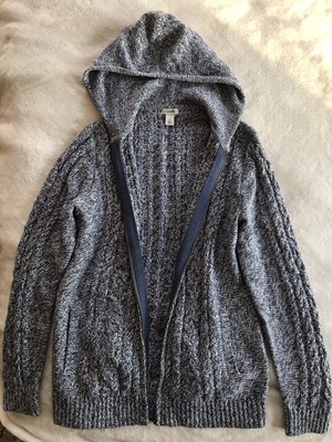 LL Bean Womens Cable Knit Full Zip Hooded Cardigan Sweater Small Blue Cotton | eBay