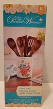 Pioneer Woman Blooming Bouquet  Wood Baking Cooking Utensil  Stoneware Crock Set