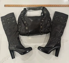 Stuart Weitzman Black Nappa Leather High Heel Boots Sz 6.5 & Matching Bag Purse