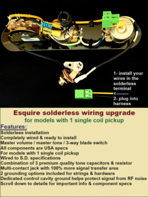 Esquire Solderless 1 Single Coil Wiring Upgrade- Custom Capacitor/Resistor Combo