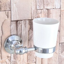 1 Ceramic Cup Wall Mounted Bathroom Silver Chrome Brass Toothbrush Holder 2ba791