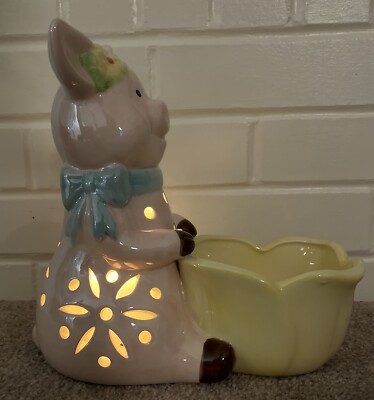 Willow Manor Porcelain Pig Luminary With Serving Bowl Opalescent Pastel Colors