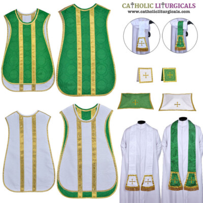 White and Green REVERSIBLE Travel Spanish Fiddleback Vestment with 5pc mass set