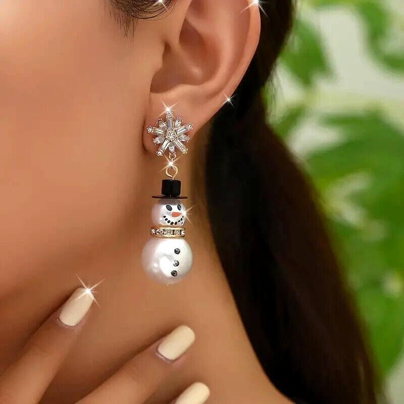 Fashion Shiny Rhinestone Snowflake Snowman Pendant Earrings Jewelry Women Gift