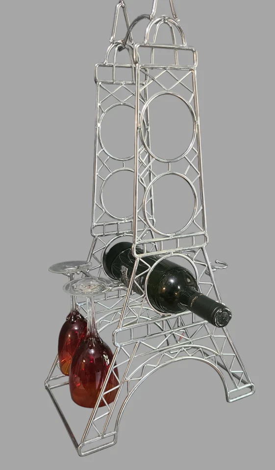 Torre Eiffel Cromo 3 Botellas Estante de Vino Independiente y Soporte para 4 Vasos 26.5"" de Alto Foto 2 de 4