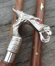 Brass Victorian Silver Plated Dragon Head Handle Brown Wooden Cane Walking Cane