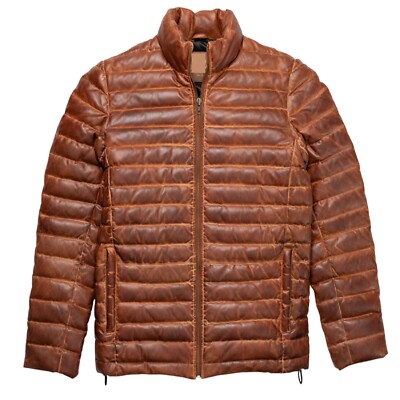 Leather Jacket Men's Real Sheep Skin Brown Tan Puffer Leather Coat Quilted S-3XL