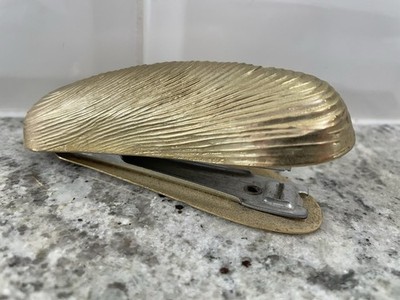 Vintage Ted Arnold Desk Stapler Gold Tone Clam Oyster Mussel Shell