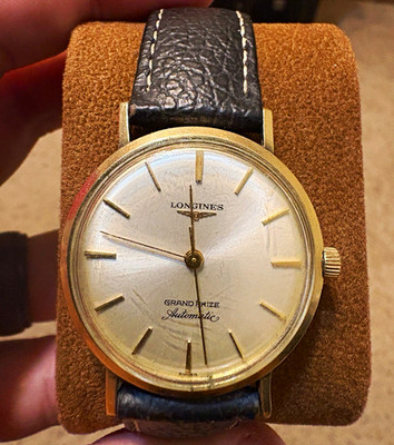 Longines Grand Prize Automatic Gold Plated 34mm Silver Dial Black Leather