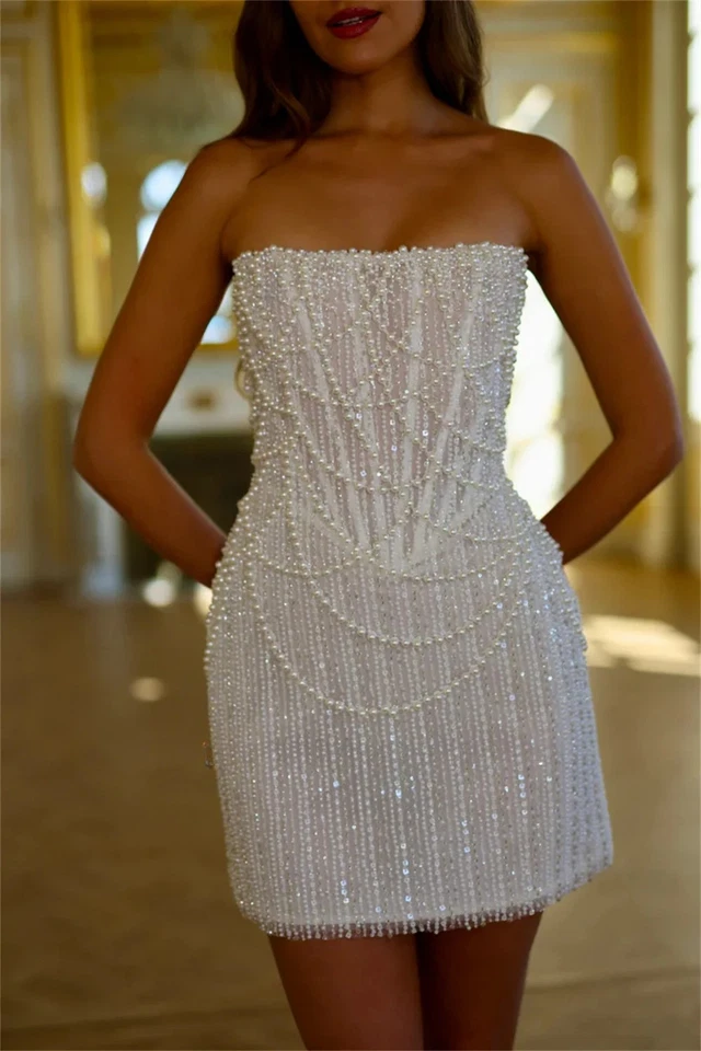 Short Wedding Dresses Luxury Pearls Beading Strapless Mini Bridal Gowns - Image 3 of 4