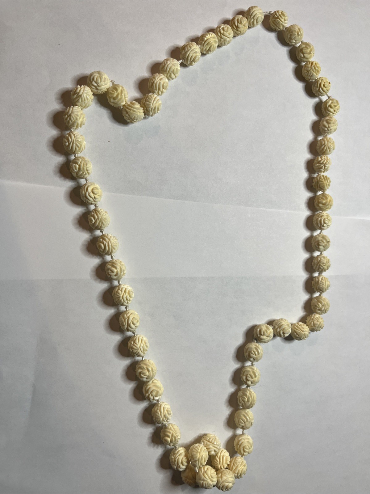 Vintage Bovine Bone Carved Necklace Cabbage Rose Design