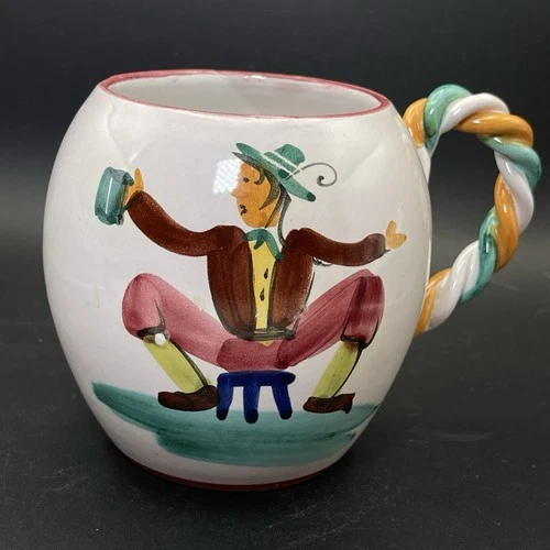 VTG Italian Hand Painted Majolica Mug – Tavern Scene Man Twisted Handle Deruta