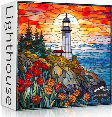 Stained Glass Lighthouse Puzzles for Adults 1000 Piece, Mosaic Beach Puzzle Hard