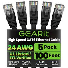 Gearit Cat 6 Ethernet Cable Pack - 5-Pack 100 Ft Cat6 Ethernet Patch Cables RJ
