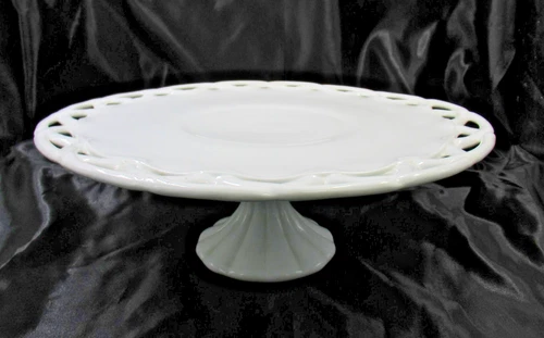 VTG Pedestal Cake Stand Milk Glass Lace Edge 14 inch Pitman Dreitzer Colony Lace
