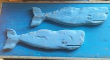 Vintage Hand Carved Nantucket Double Whale Wood Trading Sign Folk Art Plaque