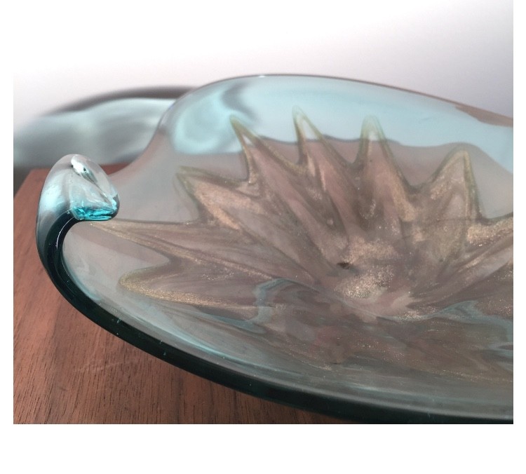 MCM Murano Blown Art Glass Clamshell Dish with Copper Glitter Splash