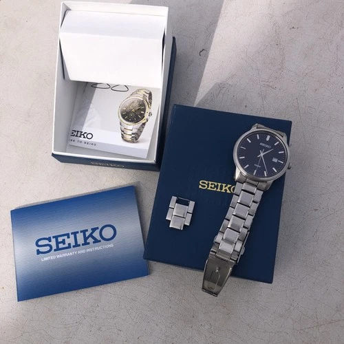 Seiko 100m Watch Men  Blue Dial Silver Tone Date Round, New Battery
