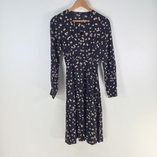 Uniqlo dress womens size XS fit flare black floral long sleeve Vneck 128276