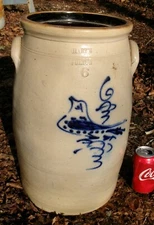 ANTIQUE USA COUNTRY 6 GAL. HARTS FULTON COLBALT BLUE BIRD STONEWARE BUTTER CHURN