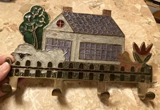 Vintage Brass and Enamel House Home 4 Hook Key Holder Boho Cottage Core Wall