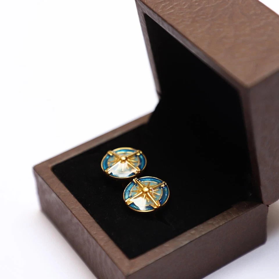 Gemelos enchapados en oro forma redonda esmalte azul estilo único de plata de ley 925 Foto 4 de 4