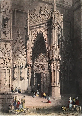 Orig.-Stahlstich: Das Portal d. Regensburger Doms, 1842, gest.v. E.Challis, m.R.