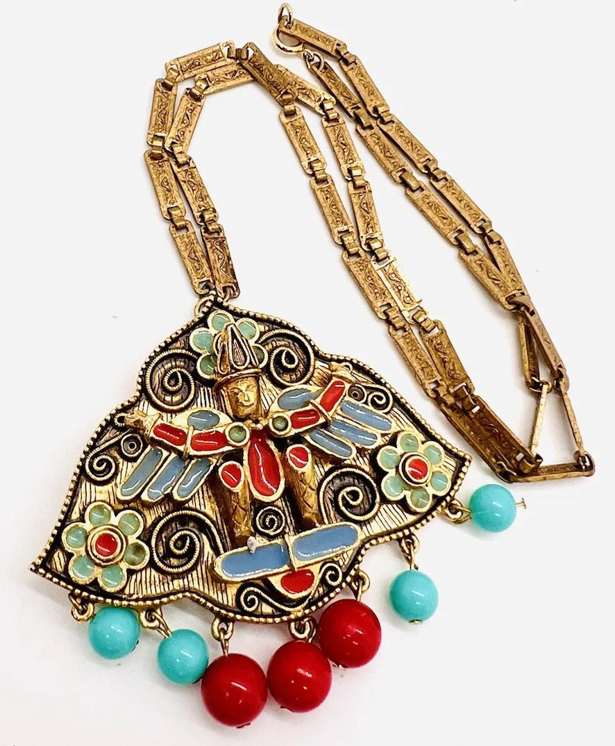 Large FLORENZA Aztec Mayan Incan Enameled Necklace Beads Signed Vintage