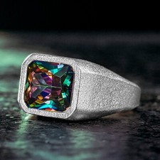 925 Sterling Silver Basic Handmade Rectangle Mystic Topaz Mens Ring All Sizes