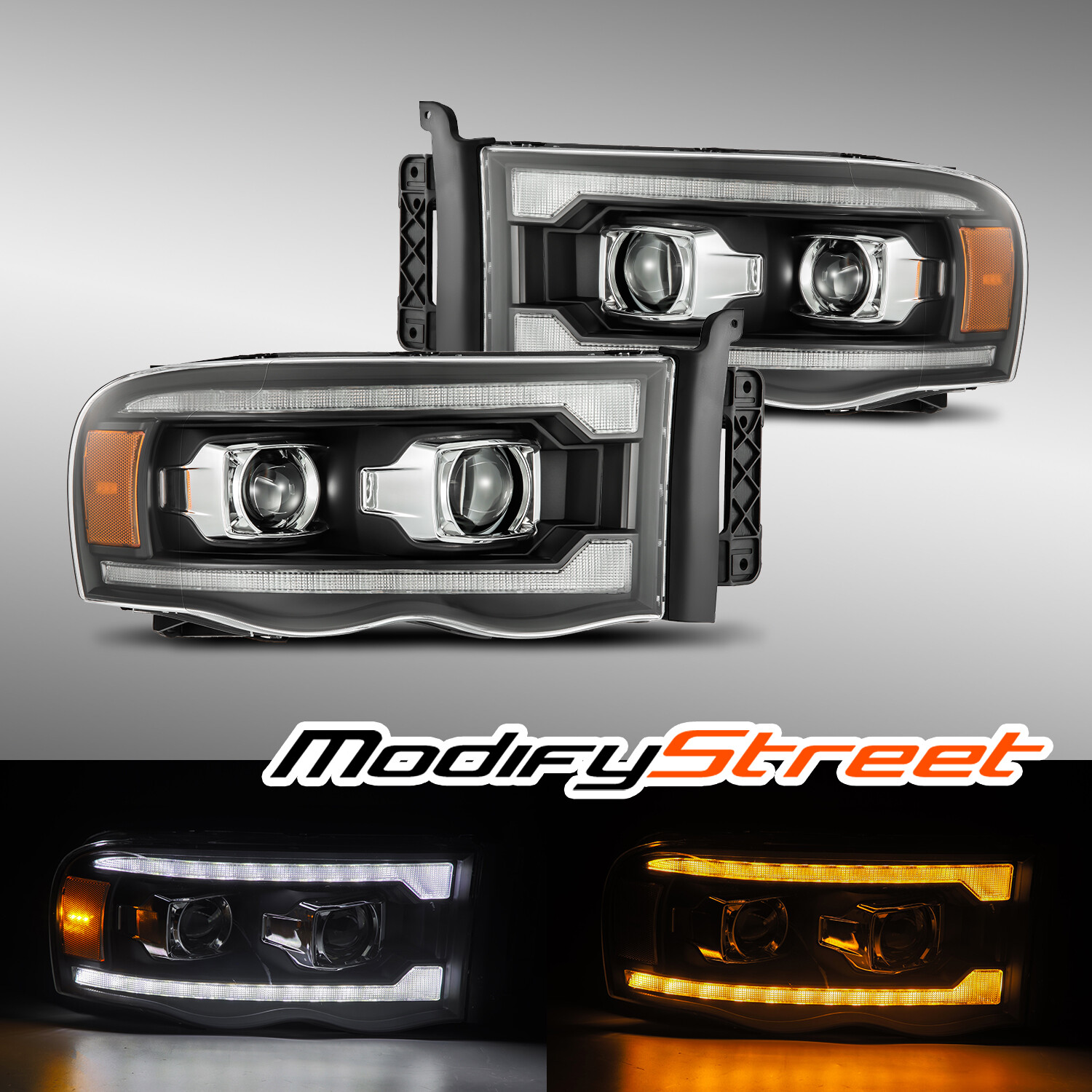 2024 Dodge Ram Switchback Amber LED Strips, Sequential Turn Signals Driver and Passenger Side Black Projector Headlights by Spec-D