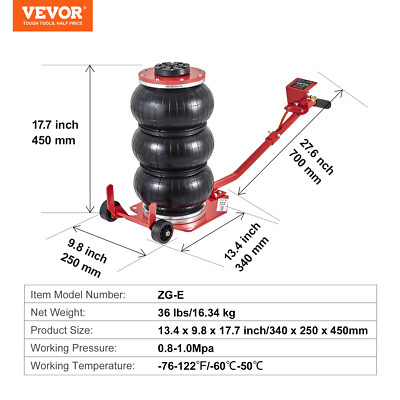 Gato Neumático Triple Bolsa – 3 Toneladas, Multíángulo, Portátil – Altura 5.31-16.54 Pulg – 6600 Lbs Por Soporte