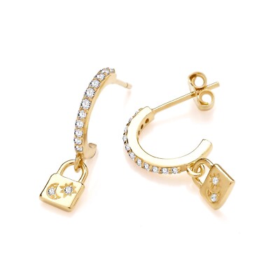 Ohrhänger 9 kt Gold auf Silber simulierter Diamant Mond & Stern Vorhängeschloss