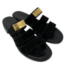 CHANEL Vintage CC Mark Logo Plate Slide Sandals 37-37.5 Black Gold Suede