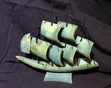 Vintage Bone & Bull Horn Sailboat Primative Handmade Ship Model Italy