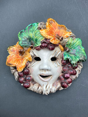 5'' Italian Terracotta Bacchus God Of Wine Wall Art Mask