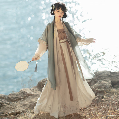 2022Chinese Hanfu Dress 4PCS Set Tea Green  Maxi Ancient Women Embroidery Dress 