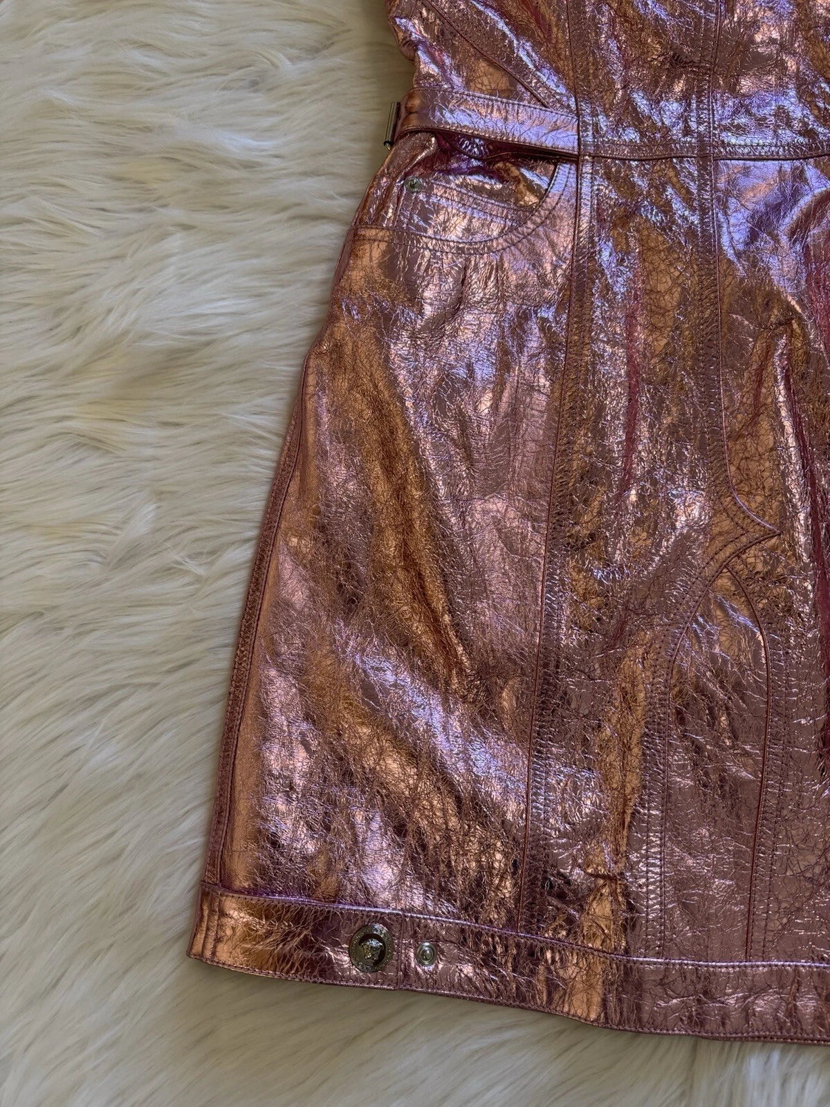 Versace x Dua Lipa New Rock Millennium Mini Abito Pelle Laminata Rosa 44